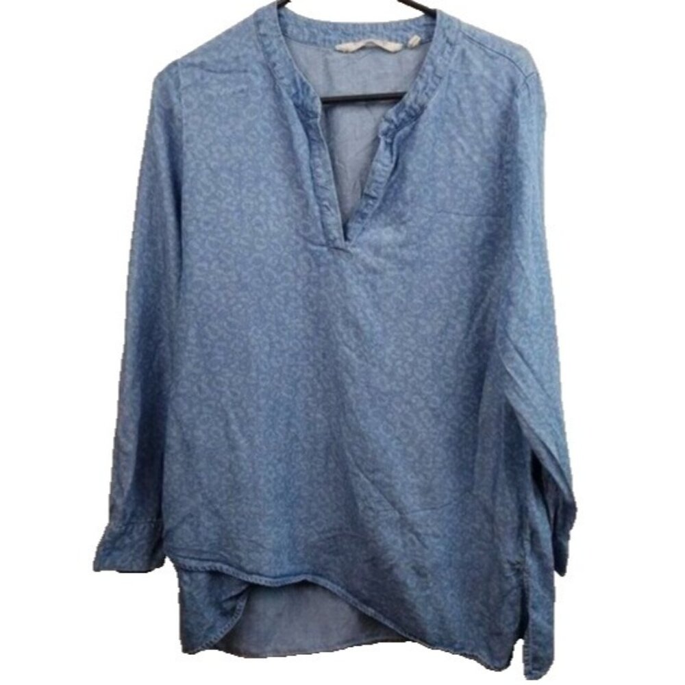 Soft Surroundings Womens‎ BOHO Tunic Top Small Blue Chambray Animal Print Casual
